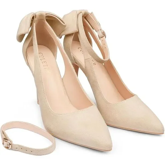 Womens Bow Knot Cream High Heels Pointed Toe Stiletto Ankle Strap D'Orsay Pumps